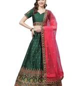 Women Green Embroidered Silk Blend Semi Stitched Lehenga