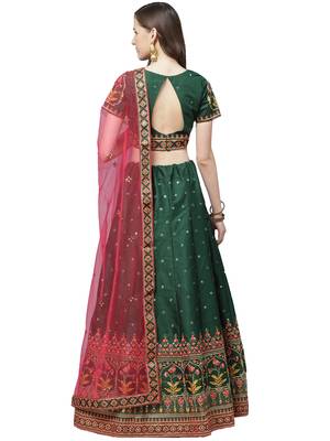 Women Green Embroidered Silk Blend Semi Stitched Lehenga 2