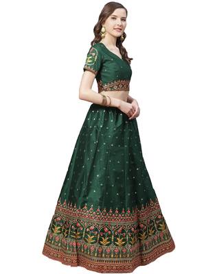 Women Green Embroidered Silk Blend Semi Stitched Lehenga 3