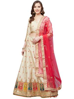 Women Beige Embroidered Silk Blend Semi Stitched Lehenga 1
