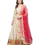 Women Beige Embroidered Silk Blend Semi Stitched Lehenga