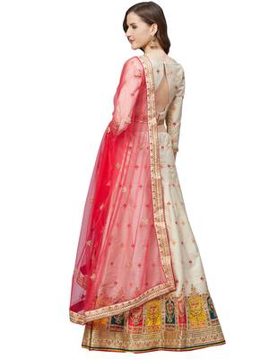 Women Beige Embroidered Silk Blend Semi Stitched Lehenga 2