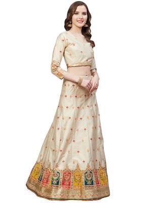 Women Beige Embroidered Silk Blend Semi Stitched Lehenga 3