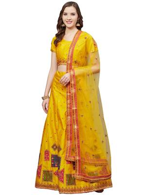 Women Mustard Embroidered Silk Blend Semi Stitched Lehenga 1