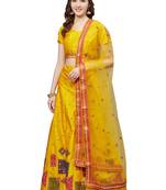 Women Mustard Embroidered Silk Blend Semi Stitched Lehenga