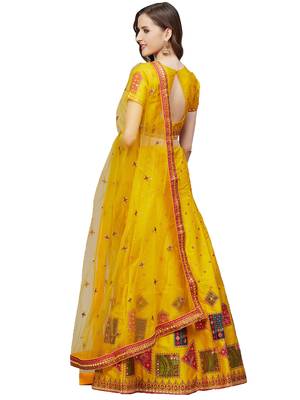 Women Mustard Embroidered Silk Blend Semi Stitched Lehenga 2