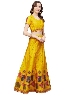 Women Mustard Embroidered Silk Blend Semi Stitched Lehenga 3