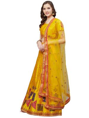 Women Mustard Embroidered Silk Blend Semi Stitched Lehenga 4