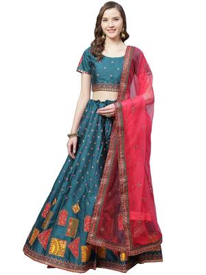 Women Turquoise Embroidered Silk Blend Semi Stitched Lehenga 1