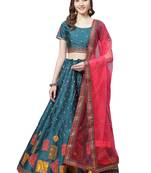 Women Turquoise Embroidered Silk Blend Semi Stitched Lehenga