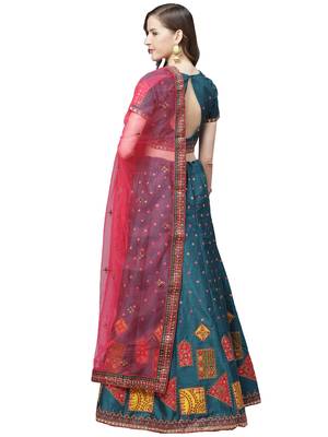 Women Turquoise Embroidered Silk Blend Semi Stitched Lehenga 2