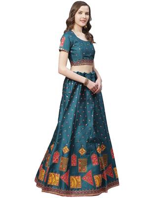 Women Turquoise Embroidered Silk Blend Semi Stitched Lehenga 3
