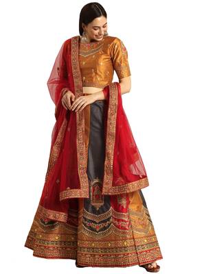 Women Multi Embroidery Raw Silk Semi Stitched Lehenga 1