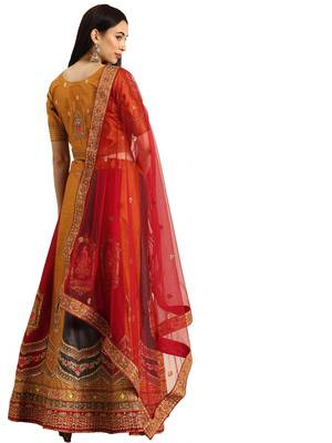 Women Multi Embroidery Raw Silk Semi Stitched Lehenga 2