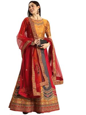 Women Multi Embroidery Raw Silk Semi Stitched Lehenga 3