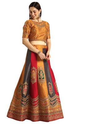 Women Multi Embroidery Raw Silk Semi Stitched Lehenga 4
