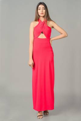 Red plain lycra long-dresses 1