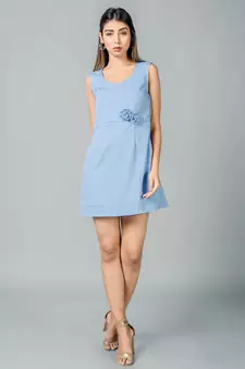 Sky blue printed crepe short dresses