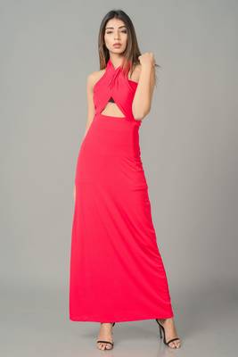 Red plain lycra long-dresses 3