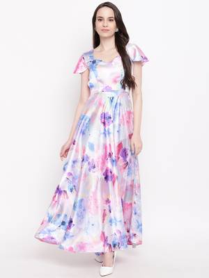 White printed satin long dresses 1