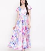 White printed satin long-dresses