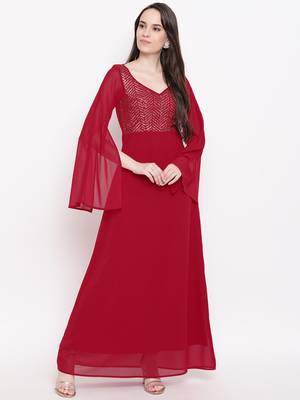 Red plain georgette long dresses 1