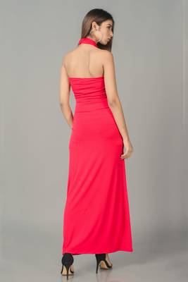 Red plain lycra long-dresses 5