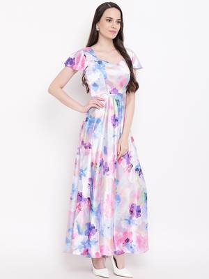 White printed satin long dresses 2