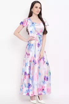 White printed satin long dresses
