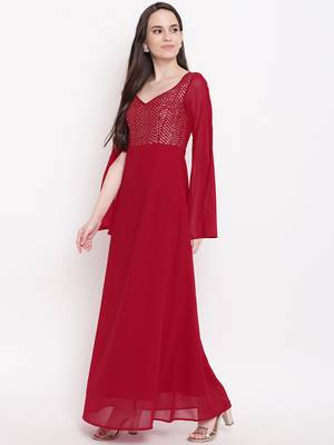 Red plain georgette long dresses 2