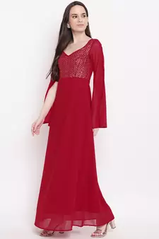 Red plain georgette long dresses
