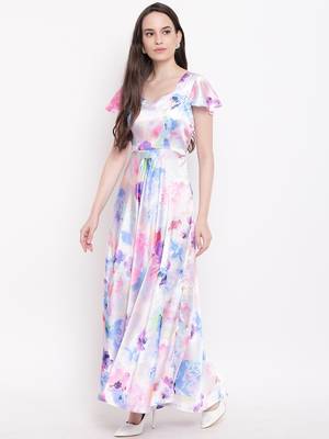 White printed satin long dresses 3