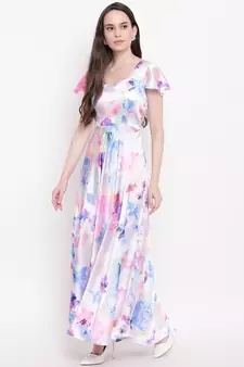 White printed satin long dresses