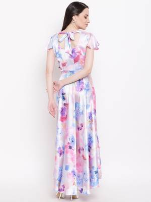 White printed satin long dresses 4