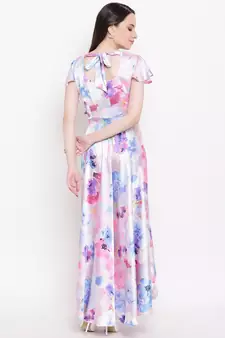White printed satin long dresses