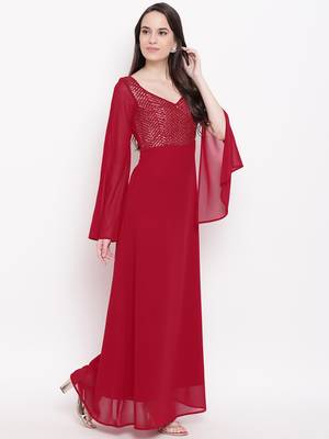 Red plain georgette long dresses 3