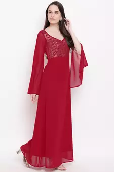 Red plain georgette long dresses