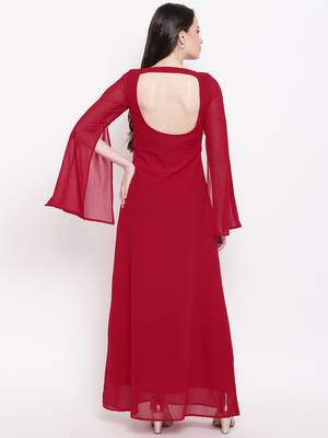 Red plain georgette long dresses 4