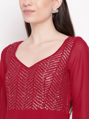 Red plain georgette long dresses 5