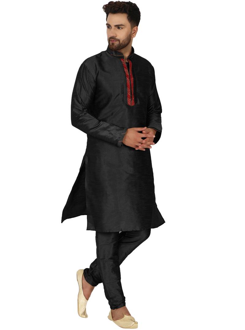 Black embroidered art silk kurta-pajama