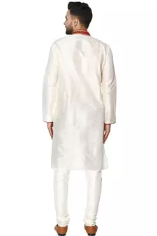 White embroidered art silk kurta-pajama