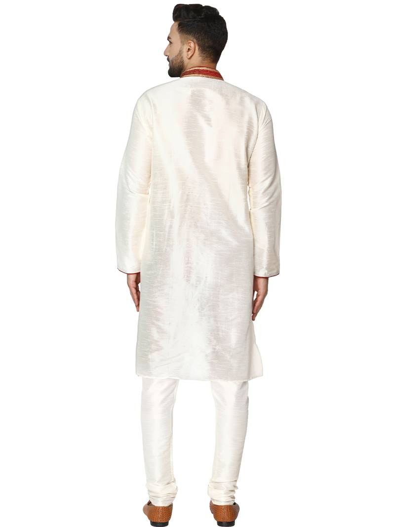 White embroidered art silk kurta-pajama