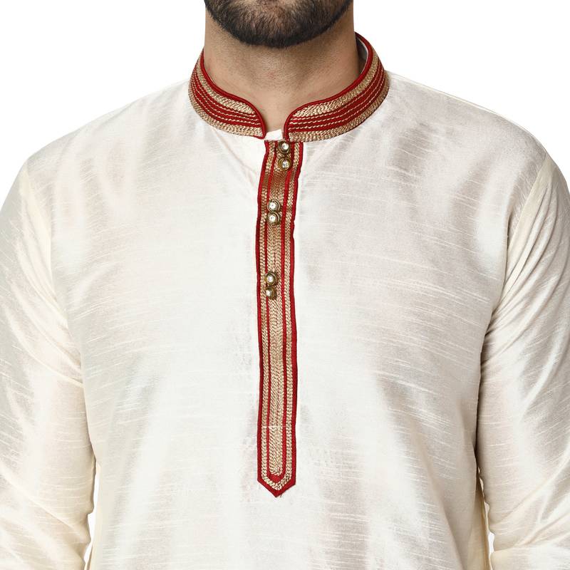 White embroidered art silk kurta-pajama