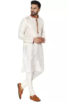 White embroidered art silk kurta-pajama