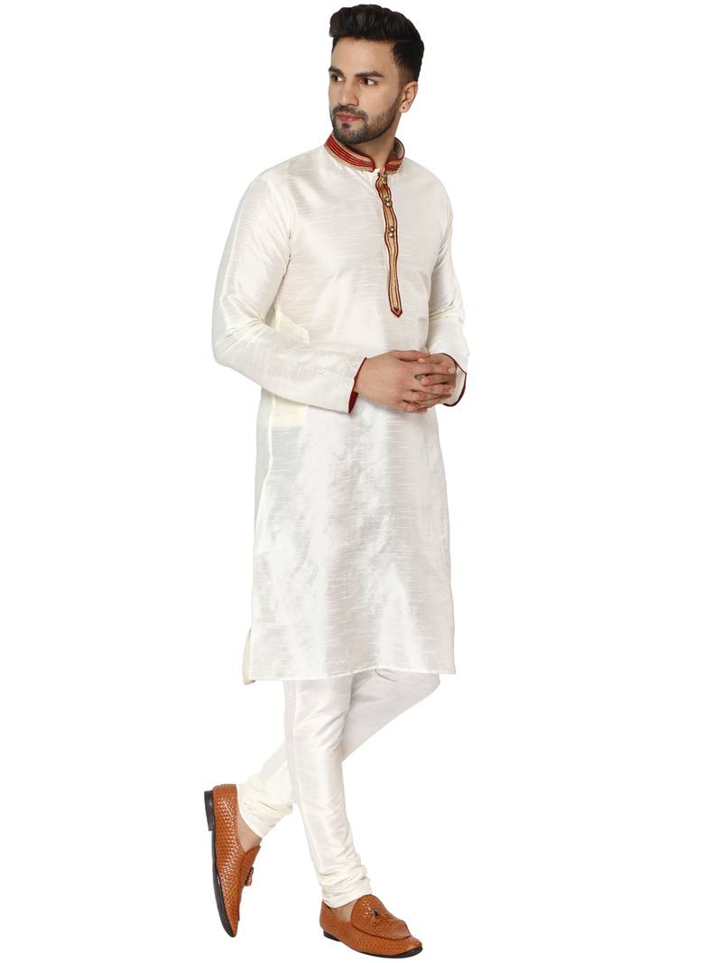 White embroidered art silk kurta-pajama