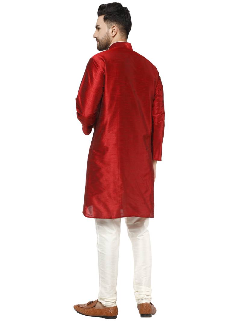 Red embroidered art silk kurta-pajama
