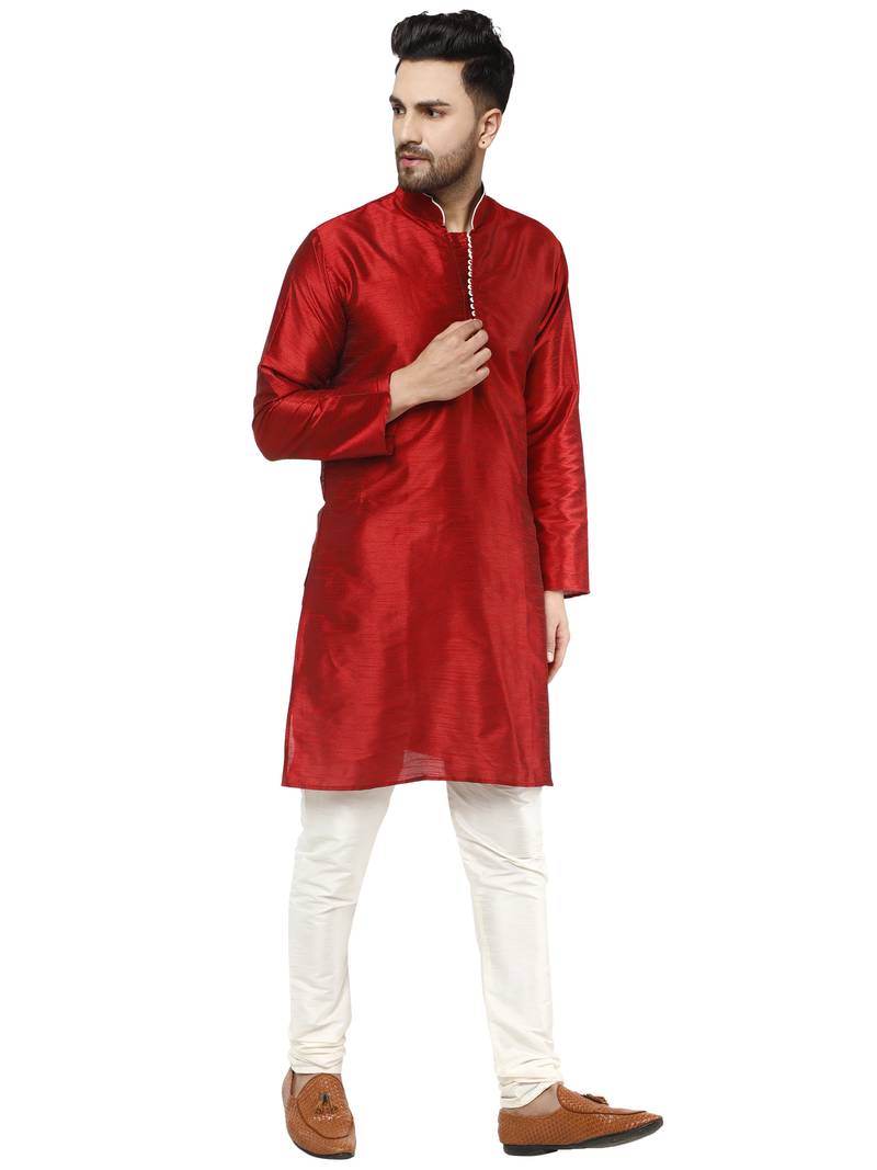 Red embroidered art silk kurta-pajama