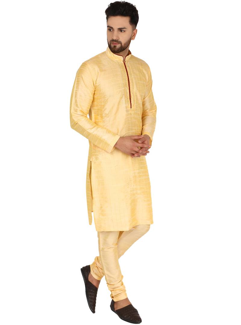 Beige embroidered art silk kurta-pajama