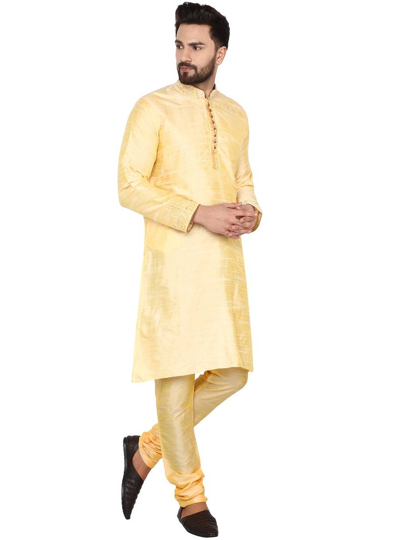 Beige embroidered art silk kurta-pajama
