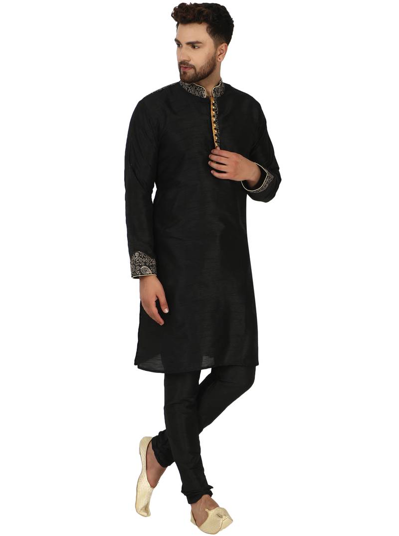 Black embroidered art silk kurta-pajama